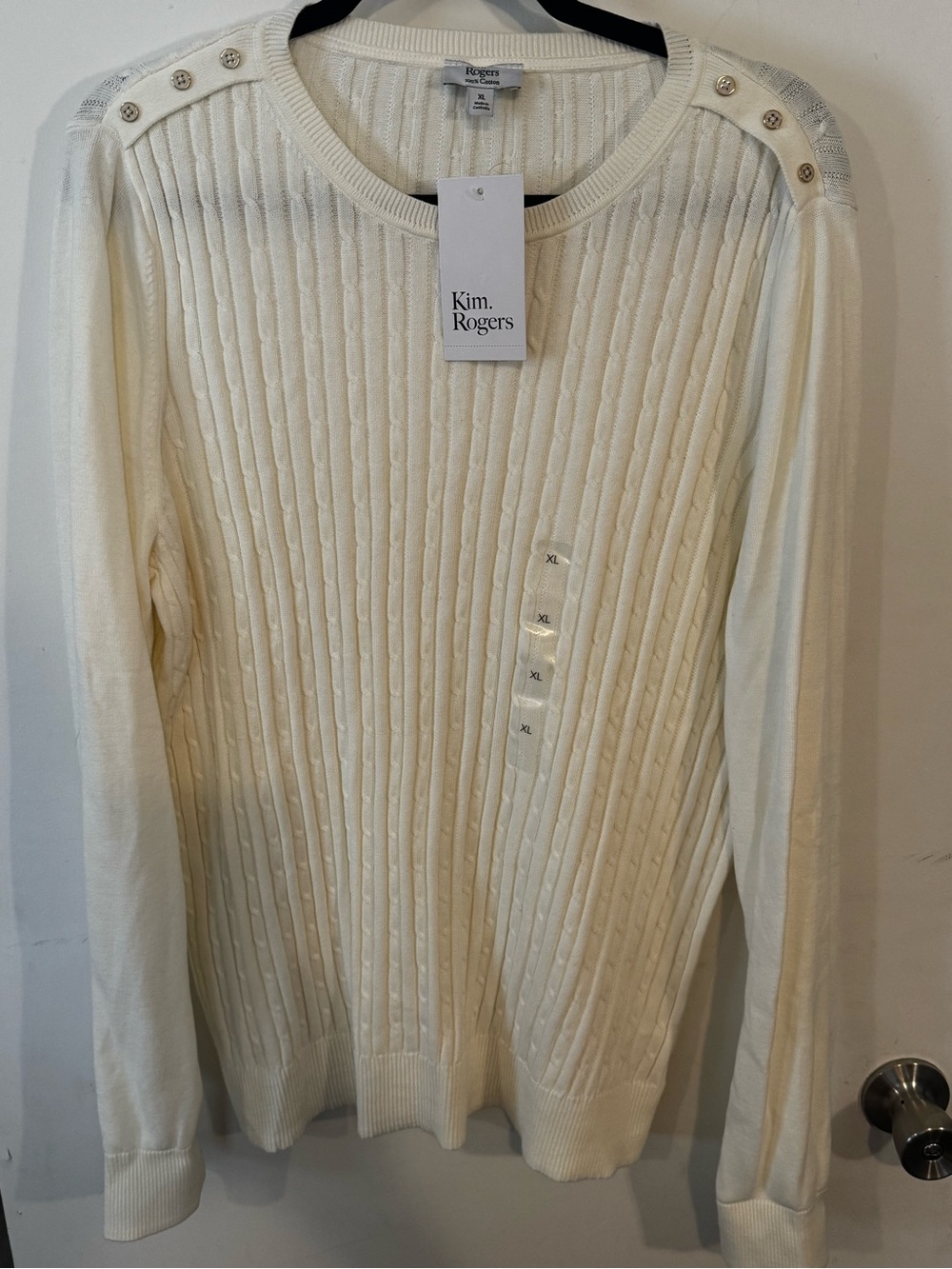 Kim Rogers Women’s XL Cream Cable Knit Button-Shoulder Sweater - NWT